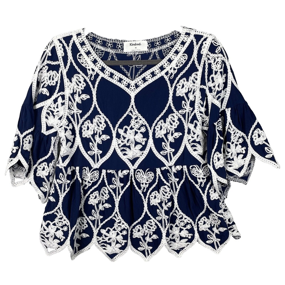 Kindred Anthro Womens Top Medium Blue Blouse Embroidered Feminine Peasant Boho